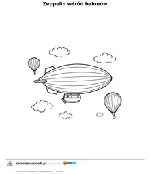 Zeppelin wśród balonów — kolorowanka do wydruku dla dzieci