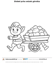 Diobeł pcha wózek górnika — kolorowanka ze śląskich legend do wydruku