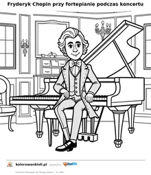 Fryderyk Chopin przy fortepianie podczas koncertu — kolorowanka do wydruku dla dzieci