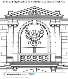 Godło na budynku szkoły na frontonie starej kamienicy szkolnej — kolorowanka do wydruku dla dzieci