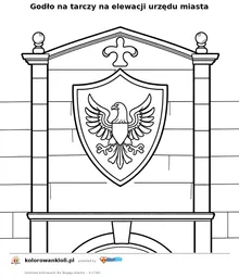 Godło na tarczy na elewacji urzędu miasta — kolorowanka do wydruku dla dzieci