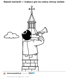 Hejnał mariacki — trębacz gra na cztery strony świata — kolorowanka do wydruku dla dzieci