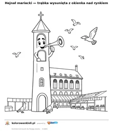 Hejnał mariacki — trąbka wysunięta z okienka nad rynkiem — kolorowanka do wydruku dla dzieci