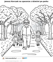 Janusz Korczak na spacerze z dziećmi po parku — kolorowanka do wydruku dla dzieci