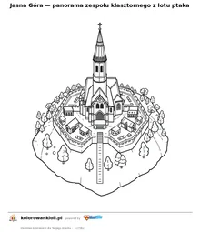 Jasna Góra — panorama zespołu klasztornego z lotu ptaka — kolorowanka do wydruku dla dzieci