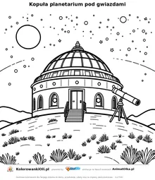 Kopuła planetarium pod gwiazdami — kolorowanka o Śląsku dla dzieci do wydruku