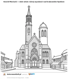 Kościół Mariacki — dwie wieże różnej wysokości nad krakowskim Rynkiem — kolorowanka do wydruku dla dzieci