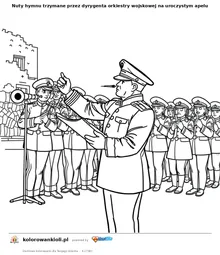 Nuty hymnu trzymane przez dyrygenta orkiestry wojskowej na uroczystym apelu — kolorowanka do wydruku dla dzieci