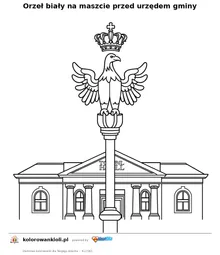Orzeł biały na maszcie przed urzędem gminy — kolorowanka do wydruku dla dzieci