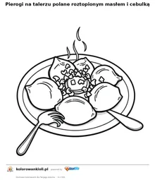 Pierogi na talerzu polane roztopionym masłem i cebulką — kolorowanka do wydruku dla dzieci