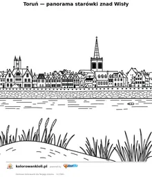 Toruń — panorama starówki znad Wisły — kolorowanka do wydruku dla dzieci