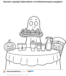 Duszek częstuje babeczkami na halloweenowym przyjęciu — kolorowanka do wydruku dla dzieci