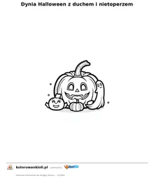 Dynia Halloween z duchem i nietoperzem — kolorowanka do wydruku dla dzieci