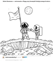 Dzień Kosmosu — astronauta z flagą przy krawędzi księżycowego krateru — kolorowanka do wydruku dla dzieci