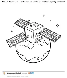 Dzień Kosmosu — satelita na orbicie z rozłożonymi panelami — kolorowanka do wydruku dla dzieci