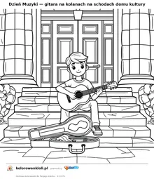 Dzień Muzyki — gitara na kolanach na schodach domu kultury — kolorowanka do wydruku dla dzieci