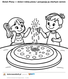 Dzień Pizzy — dzieci robią pizzę i posypują ją startym serem — kolorowanka do wydruku dla dzieci