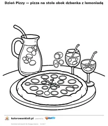Dzień Pizzy — pizza na stole obok dzbanka z lemoniadą — kolorowanka do wydruku dla dzieci