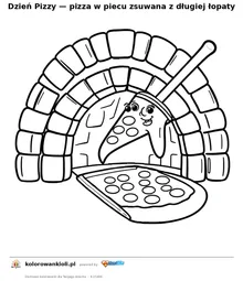 Dzień Pizzy — pizza w piecu zsuwana z długiej łopaty — kolorowanka do wydruku dla dzieci