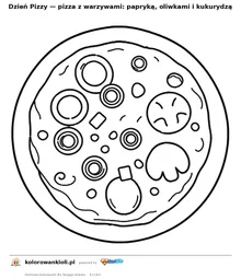 Dzień Pizzy — pizza z warzywami: papryką, oliwkami i kukurydzą — kolorowanka do wydruku dla dzieci
