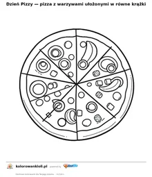 Dzień Pizzy — pizza z warzywami ułożonymi w równe krążki — kolorowanka do wydruku dla dzieci