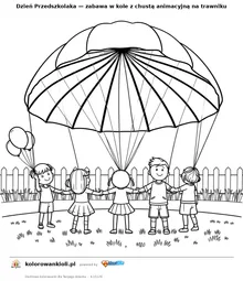 Dzień Przedszkolaka — zabawa w kole z chustą animacyjną na trawniku — kolorowanka do wydruku dla dzieci