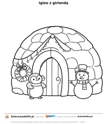 Igloo z girlandą — kolorowanka na Sylwestra i Nowy Rok do wydruku