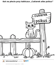 Kot na płocie przy tabliczce „Cukierek albo psikus” — kolorowanka do wydruku dla dzieci