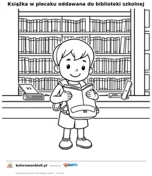 Książka w plecaku oddawana do biblioteki szkolnej — kolorowanka do wydruku dla dzieci