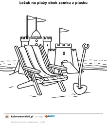 Leżak na plaży obok zamku z piasku — kolorowanka do wydruku dla dzieci