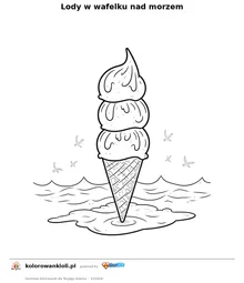 Lody w wafelku nad morzem — kolorowanka do wydruku dla dzieci