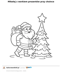 Mikołaj z workiem prezentów przy choince — kolorowanka do wydruku dla dzieci