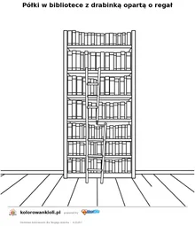 Półki w bibliotece z drabinką opartą o regał — kolorowanka do wydruku dla dzieci