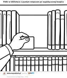 Półki w bibliotece z pustym miejscem po wypożyczonej książce — kolorowanka do wydruku dla dzieci