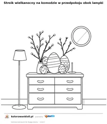Stroik wielkanocny na komodzie w przedpokoju obok lampki — kolorowanka do wydruku dla dzieci