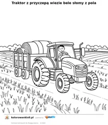 Traktor z przyczepą wiezie bele słomy z pola — kolorowanka do wydruku dla dzieci