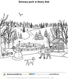 Zimowy park w Nowy Rok — kolorowanka na Sylwestra i Nowy Rok do wydruku