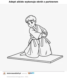 Adept aikido wykonuje obrót z partnerem — kolorowanka do wydruku dla dzieci