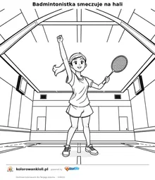 Badmintonistka smeczuje na hali — kolorowanka do wydruku dla dzieci