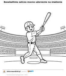 Baseballista zalicza mocne uderzenie na stadionie — kolorowanka do wydruku dla dzieci