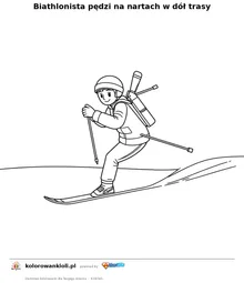 Biathlonista pędzi na nartach w dół trasy — kolorowanka do wydruku dla dzieci