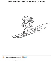 Biathlonistka mija karną pętlę po pudle — kolorowanka do wydruku dla dzieci