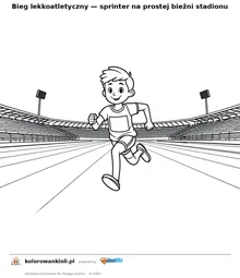 Bieg lekkoatletyczny — sprinter na prostej bieżni stadionu — kolorowanka do wydruku dla dzieci