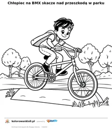 Chłopiec na BMX skacze nad przeszkodą w parku — kolorowanka do wydruku dla dzieci