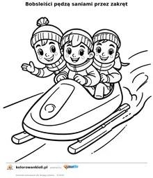Bobsleiści pędzą saniami przez zakręt — kolorowanka do wydruku dla dzieci