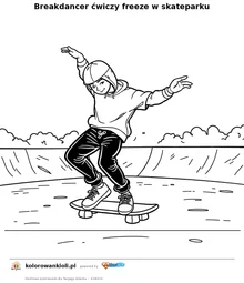 Breakdancer ćwiczy freeze w skateparku — kolorowanka do wydruku dla dzieci