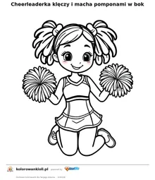 Cheerleaderka klęczy i macha pomponami w bok — kolorowanka do wydruku dla dzieci