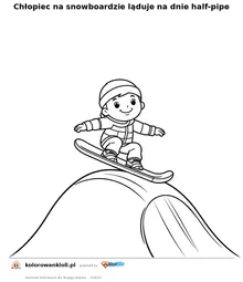 Chłopiec na snowboardzie ląduje na dnie half-pipe — kolorowanka do wydruku dla dzieci