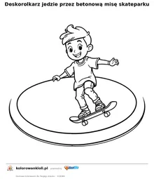 Deskorolkarz jedzie przez betonową misę skateparku — kolorowanka do wydruku dla dzieci