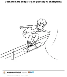 Deskorolkarz ślizga się po poręczy w skateparku — kolorowanka do wydruku dla dzieci